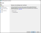Screen capture of the Welcome page for the Add Relying Party Trust Wizard