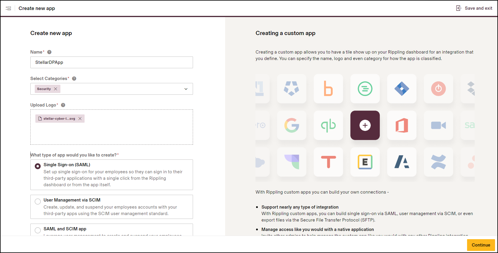 Rippling Create new app settings Screen capture of Rippling new app settings