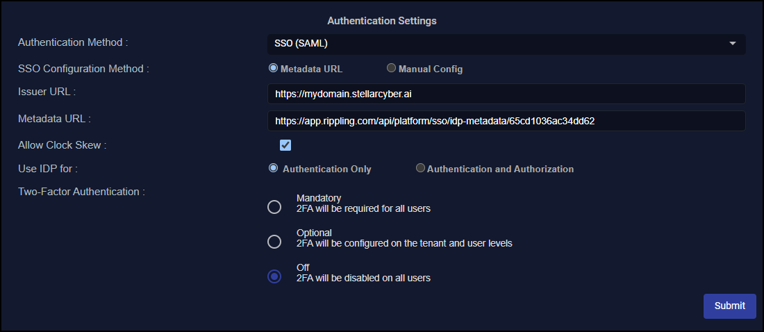Authentication Settings - Metadata URL Screen capture of Metadata URL authentication settings