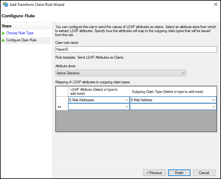 Select to expand image Screen capture ot the Add Transform Claim Rule Wizard