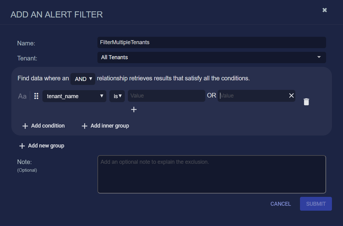 Select to expand image Screen capture of the "Add an Alert Filter" dialog box