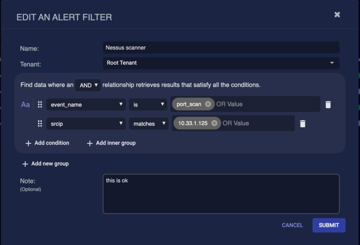 Select to expand image Screen capture of the "Edit an Alert Filter" panel