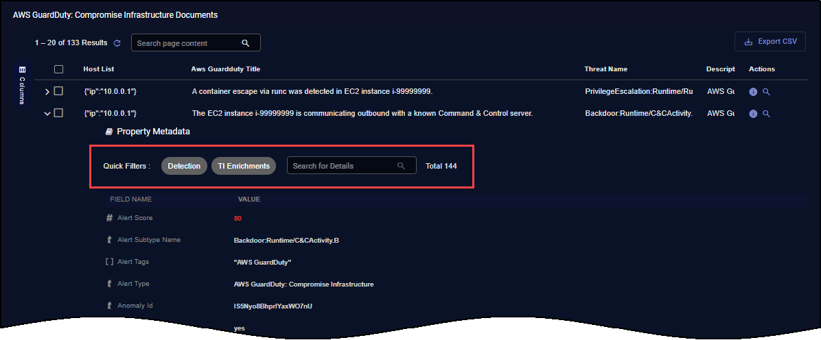 Quick filters and Search for key-value data in an alert Screen capture of Quick Filters and Search field in an alert
