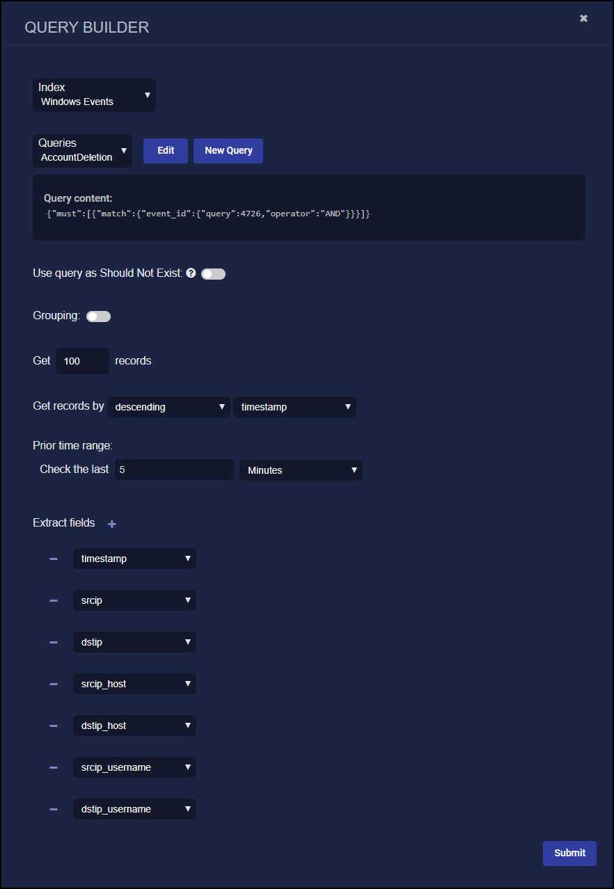 Query Builder for the AccountDeletion query Screen capture for Query Builder for the AccountDeletion query