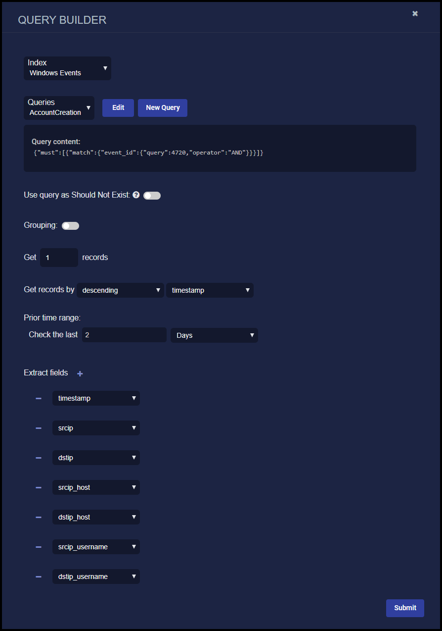 Query Builder for the AccountCreation query Screen capture of the Query Builder for the AccountCreation query