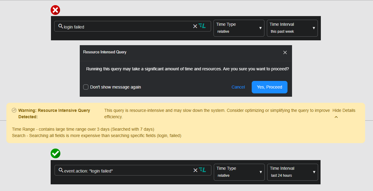 Select the image to expand and collapse it. Screen captures showing a poorly constructed query and well constructed query