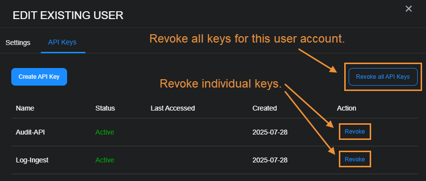 Select the image to expand and collapse it. Edit Existing User - API Keys tab
