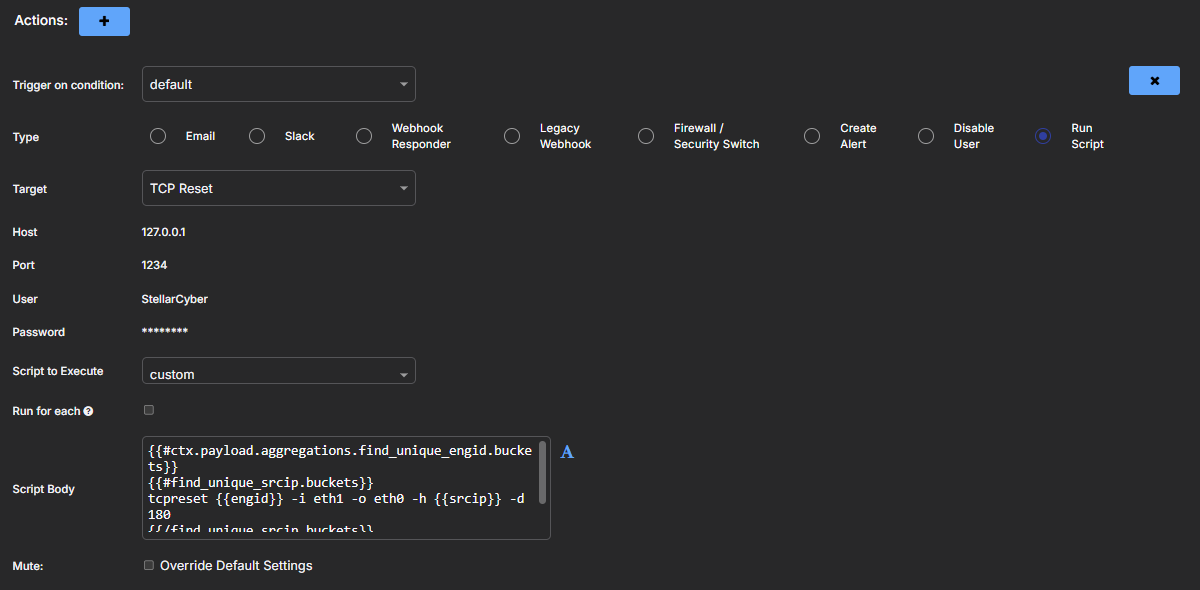 Select the image to expand and collapse it. Screen capture of the Run Script action in an ATH playbook