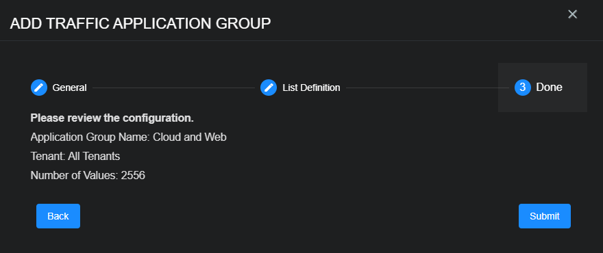 Select the image to expand and collapse it. Screen capture of the Done section in the Add Traffic Application Group dialog box
