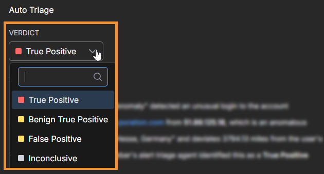 Select the image to expand and collapse it. Screen capture of the Auto Triage Verdict for an alert