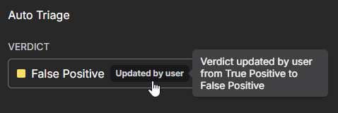 Screen capture showing a pop-up note for a user-modified alert verdict