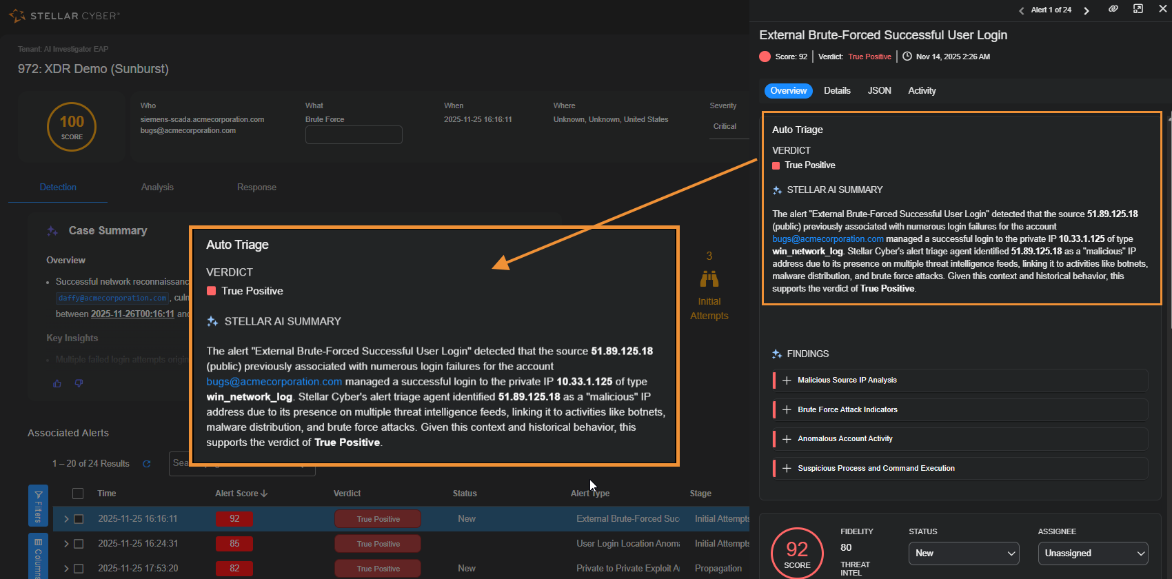 Select the image to expand and collapse it. Screen capture of the Auto Triage Verdict in Alert Details