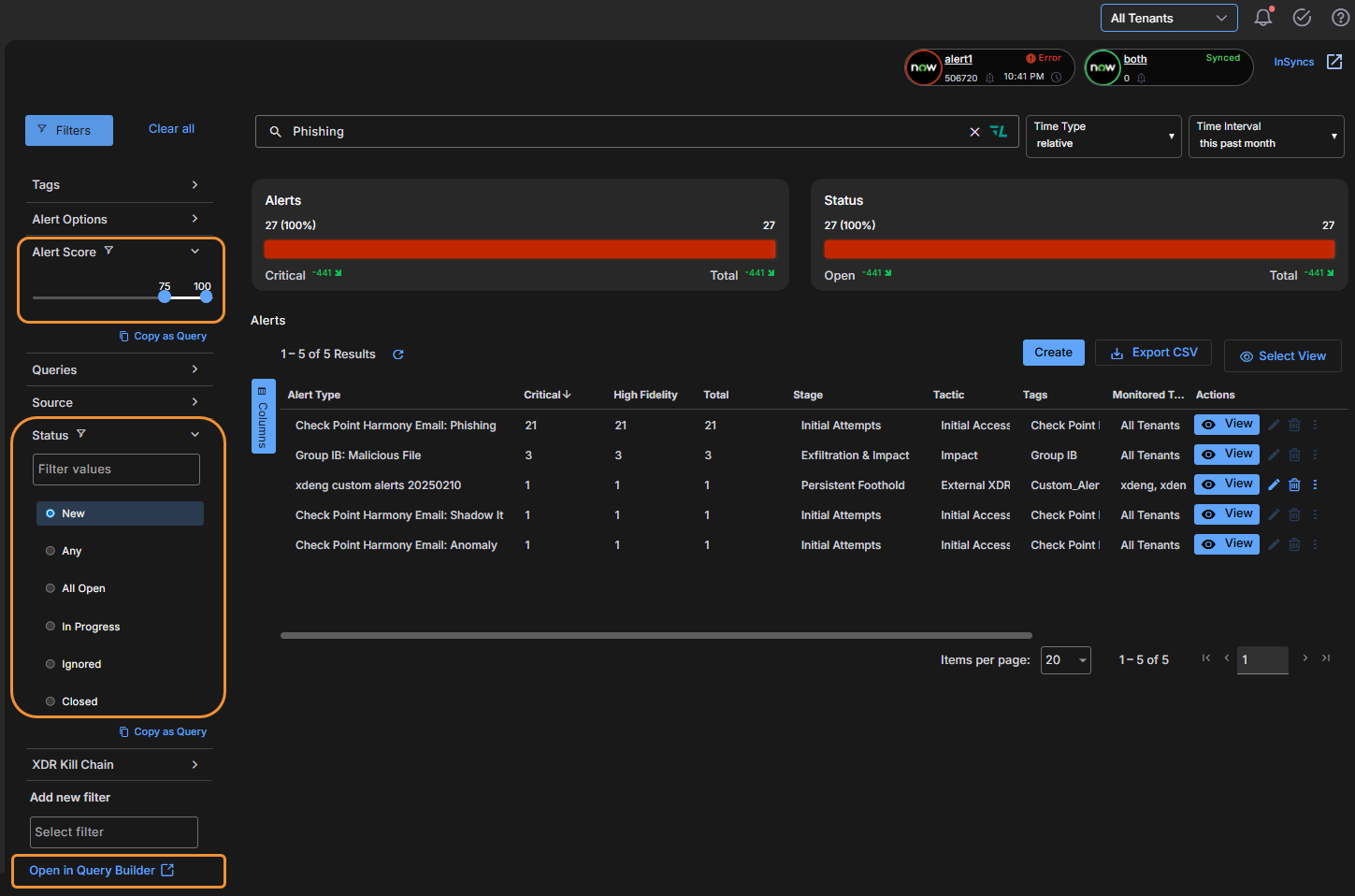 Select the image to expand and collapse it. Screen capture of the Alerts page with filters set