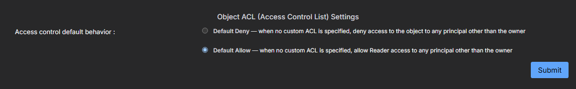 Select the image to expand and collapse it. Screen capture of the Access control default behavior settings in System | Settings