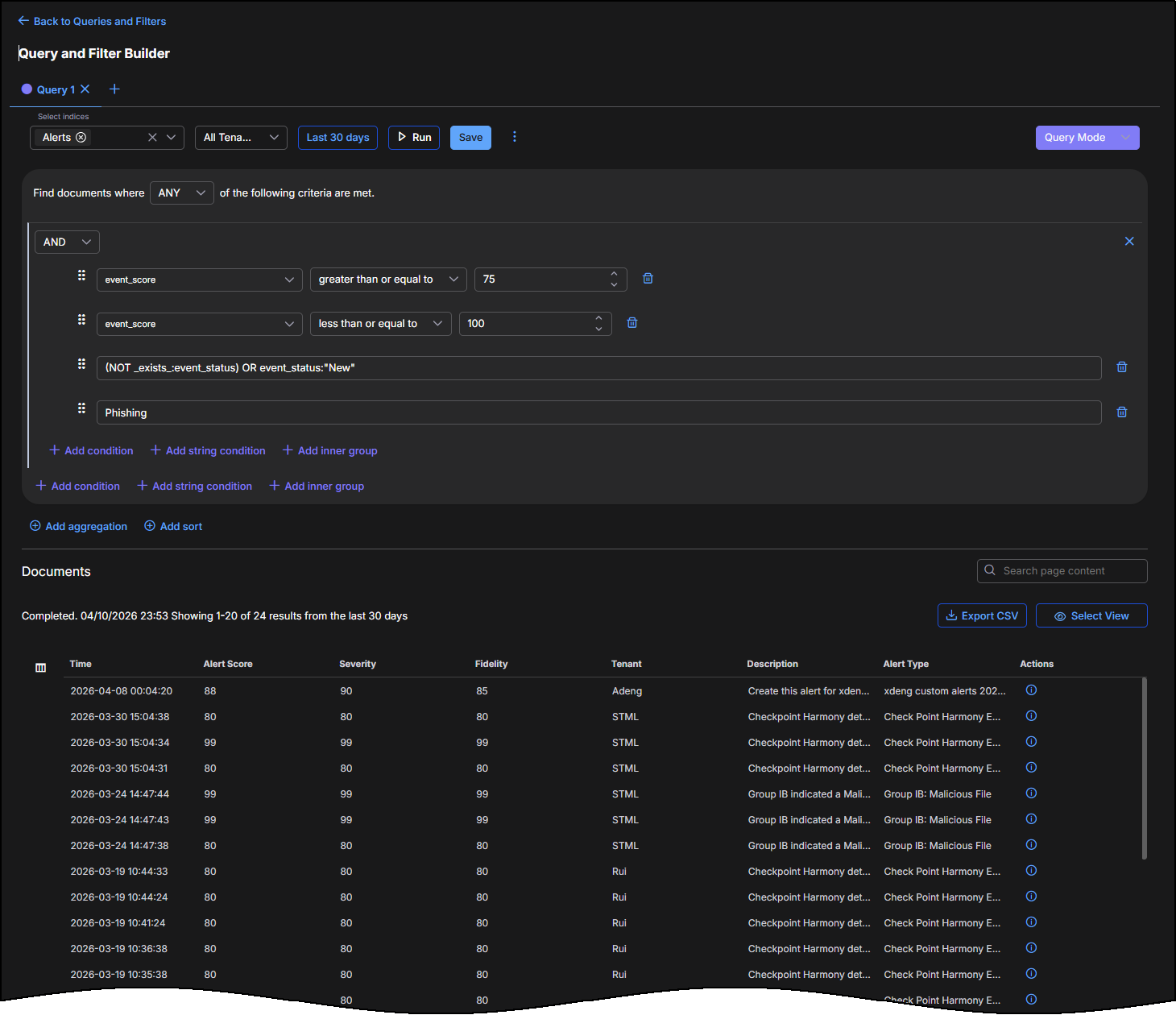 Select the image to expand and collapse it. Screen capture of the Query Builder showing results after running a query