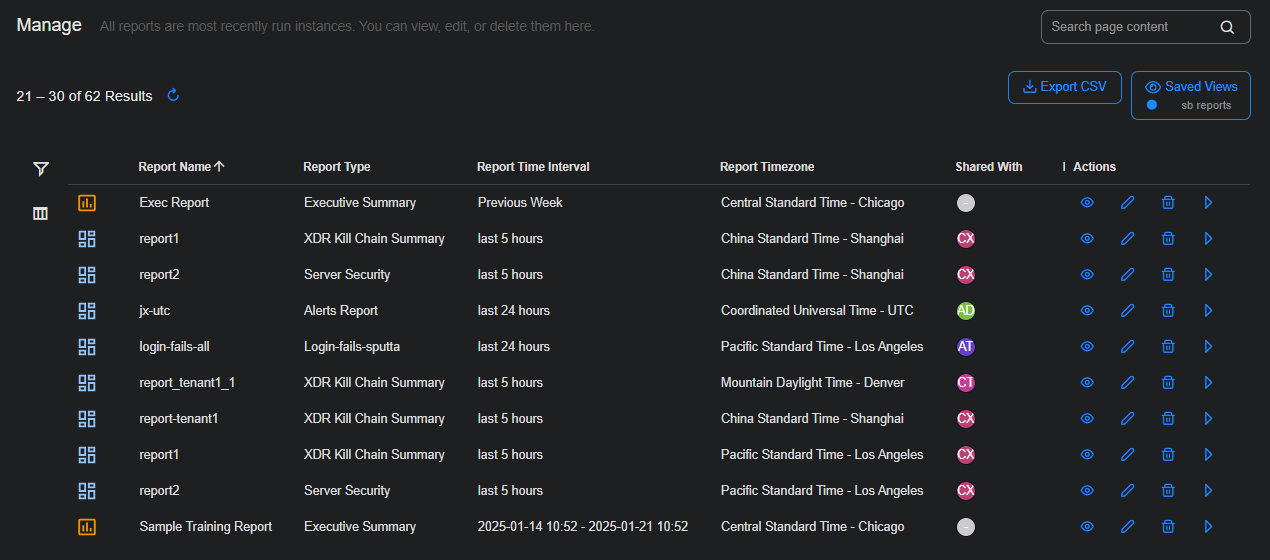 Select the image to expand and collapse it. Screen capture of the Manage table on Respond | Reports