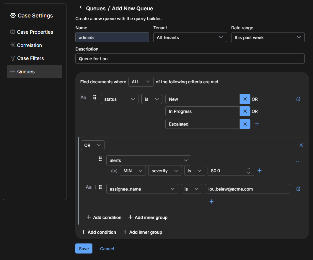 Select the image to expand and collapse it. Screen capture showing the case queue configuration