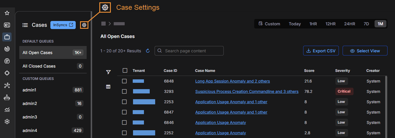 Select the image to expand and collapse it. Screen capture calling out the Case Settings icon