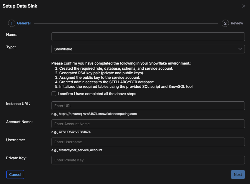 Select the image to expand and collapse it. Screen capture of the Snowflake Data Sink General configuration settings
