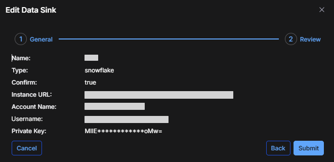 Select the image to expand and collapse it. Screen capture of the Snowflake Data Sink configuration settings Review