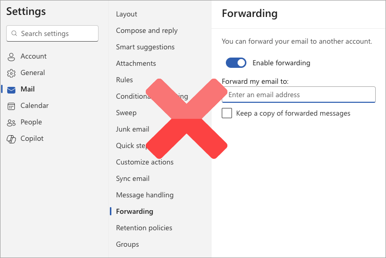 Select the image to expand and collapse it. Screen capture of Microsoft 365 Dedicated Forwarding (OWA settings)