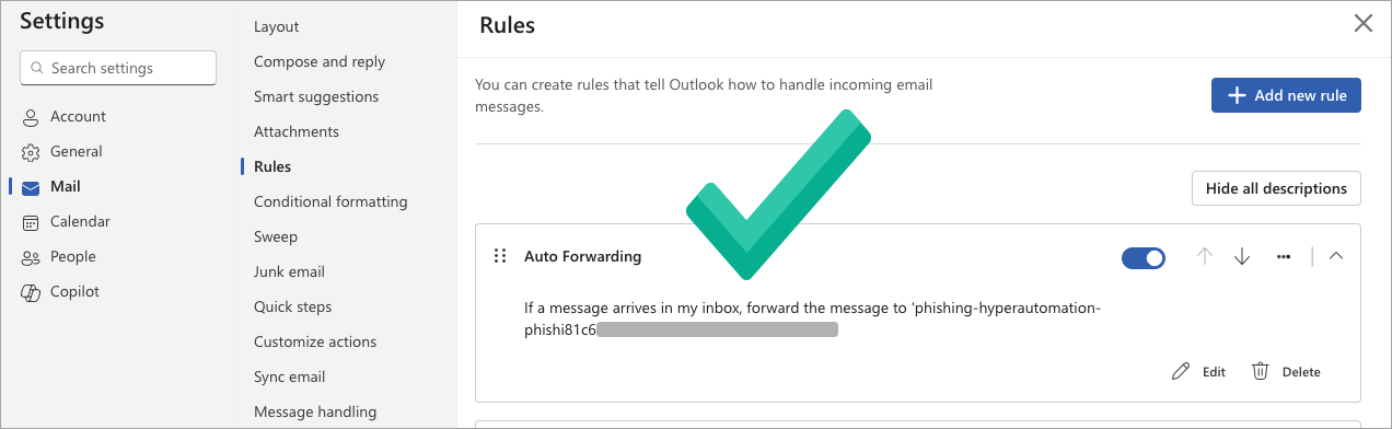 Select the image to expand and collapse it. Screen capture of Microsoft 365 Index Rule (Forward) settings