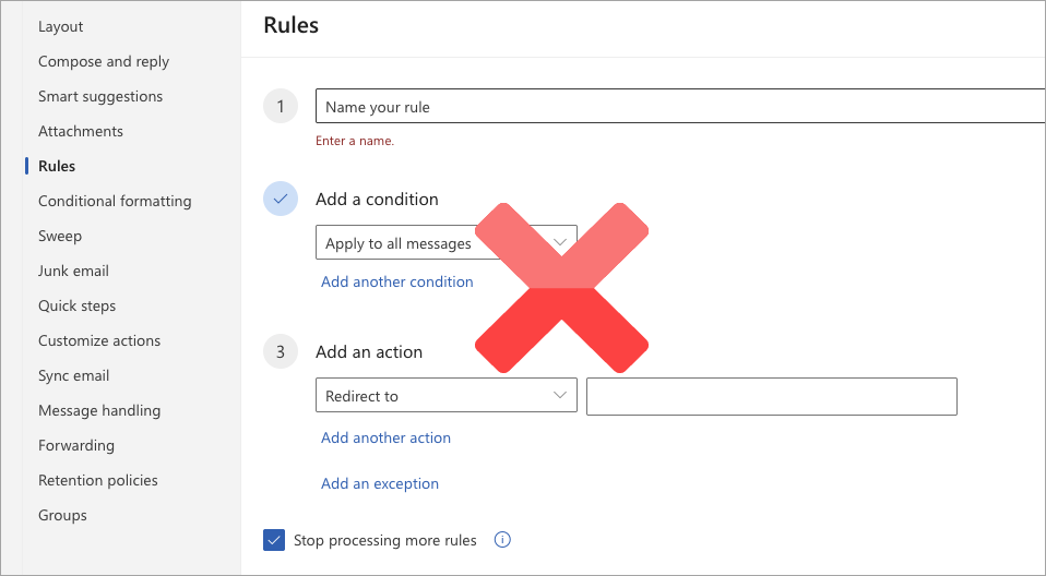 Select the image to expand and collapse it. Screen capture of Microsoft 365 Index Rule (Redirect) settings