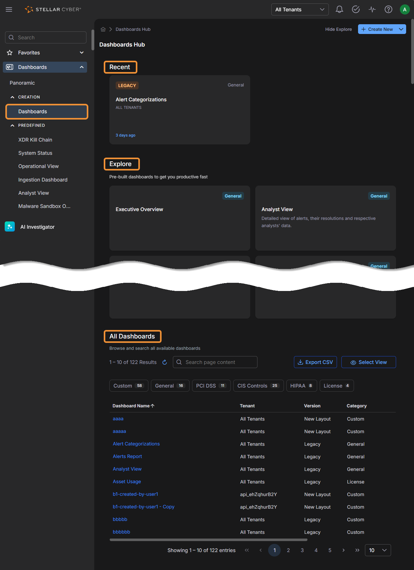 Select the image to expand and collapse it. Screen capture of the Dashboards Hub