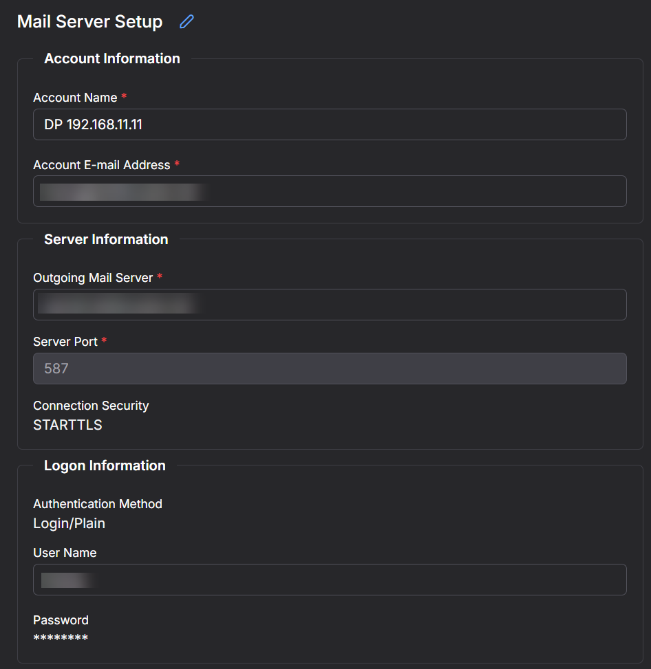 Mail Server Setup - Read-only Mode Screen capture of the Mail Server Setup page in Read-only mode